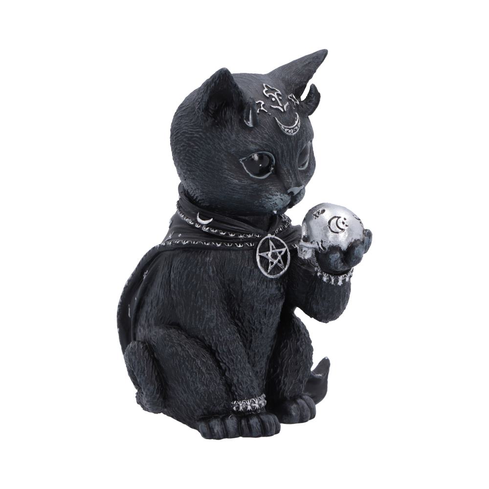 Feligor Cult Cuties black cat figurine with tiny horns, silver forehead markings and a flowing cape, holding a silver skull in one paw.