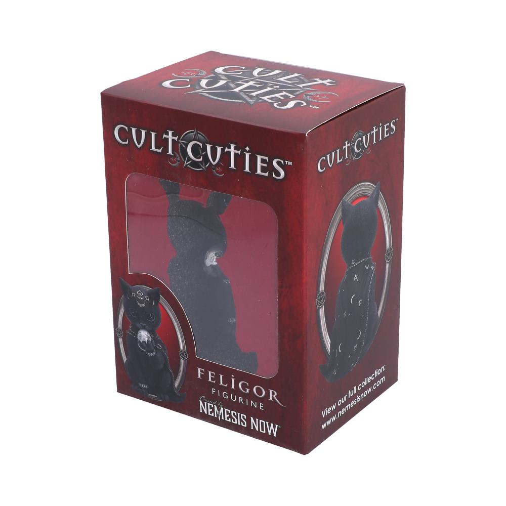 Feligor Cult Cuties black cat figurine with tiny horns, silver forehead markings and a flowing cape, holding a silver skull in one paw.