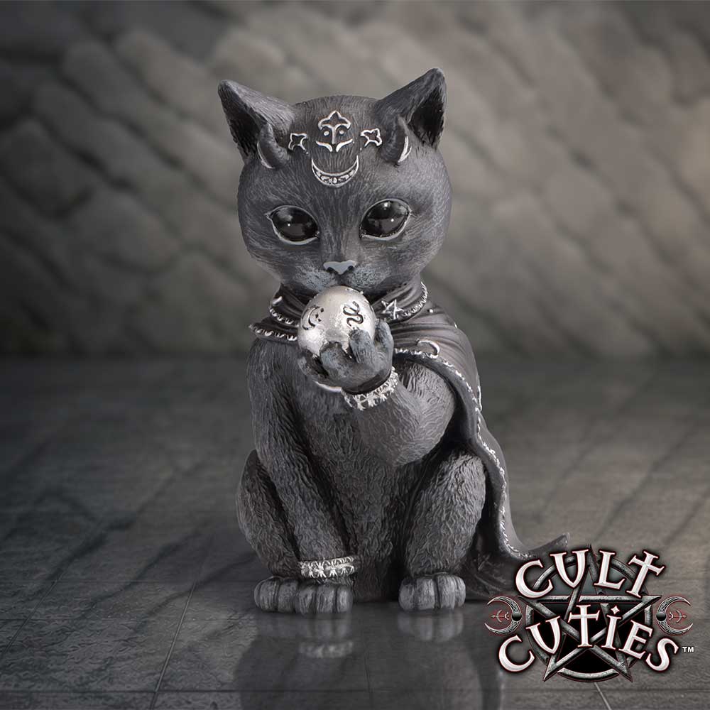 Feligor Cult Cuties black cat figurine with tiny horns, silver forehead markings and a flowing cape, holding a silver skull in one paw.
