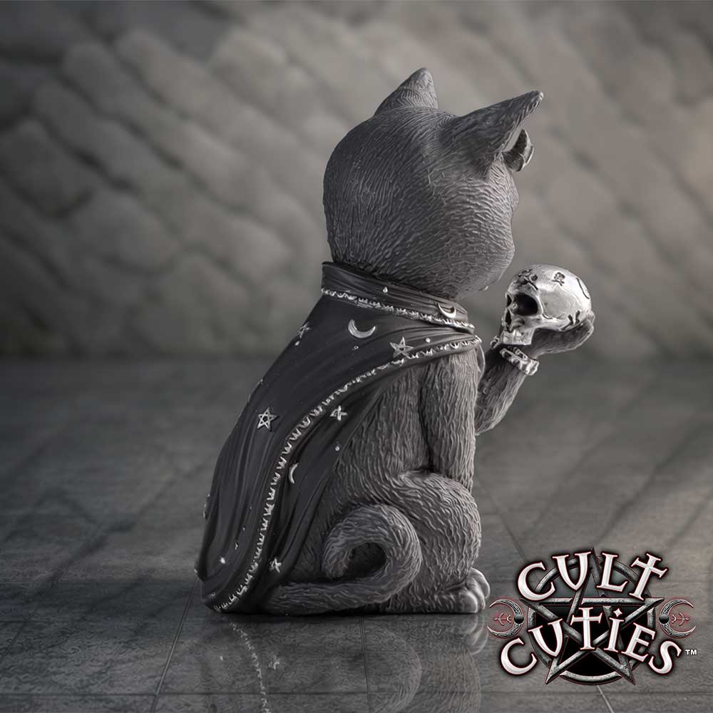 Feligor Cult Cuties black cat figurine with tiny horns, silver forehead markings and a flowing cape, holding a silver skull in one paw.