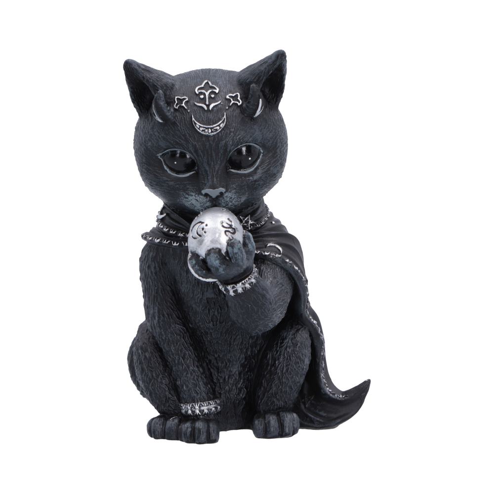 Feligor Cult Cuties black cat figurine with tiny horns, silver forehead markings and a flowing cape, holding a silver skull in one paw.