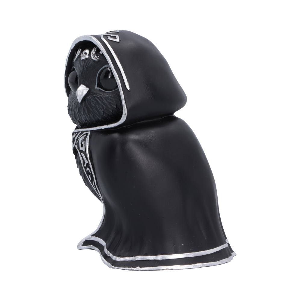 Featheros Cult Cuties black bird figurine wearing a silver-trimmed hooded cloak with a pentagram clasp and holding a magical staff.