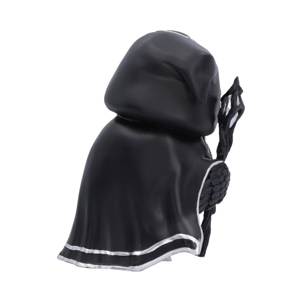 Featheros Cult Cuties black bird figurine wearing a silver-trimmed hooded cloak with a pentagram clasp and holding a magical staff.