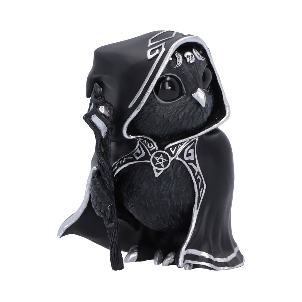 Featheros Cult Cuties black bird figurine wearing a silver-trimmed hooded cloak with a pentagram clasp and holding a magical staff.