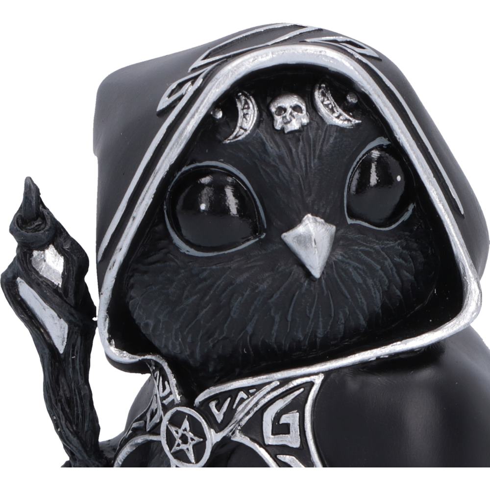 Featheros Cult Cuties black bird figurine wearing a silver-trimmed hooded cloak with a pentagram clasp and holding a magical staff.