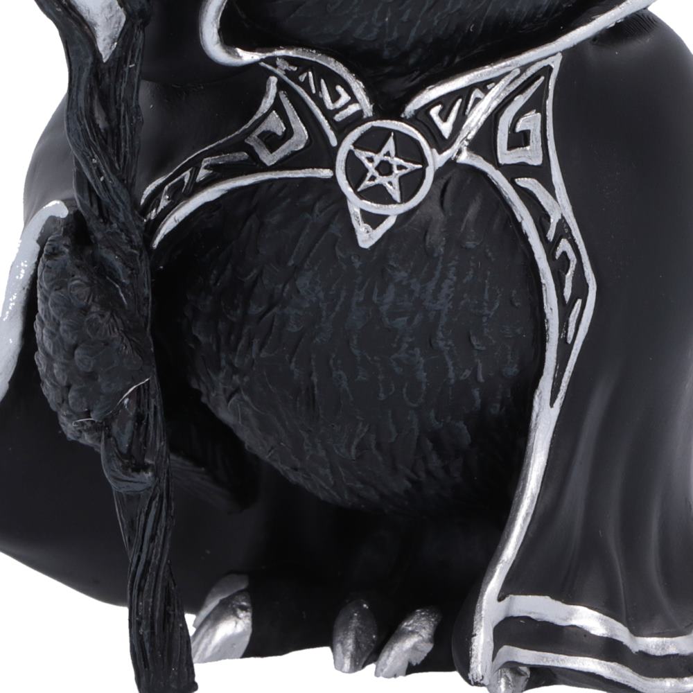 Featheros Cult Cuties black bird figurine wearing a silver-trimmed hooded cloak with a pentagram clasp and holding a magical staff.