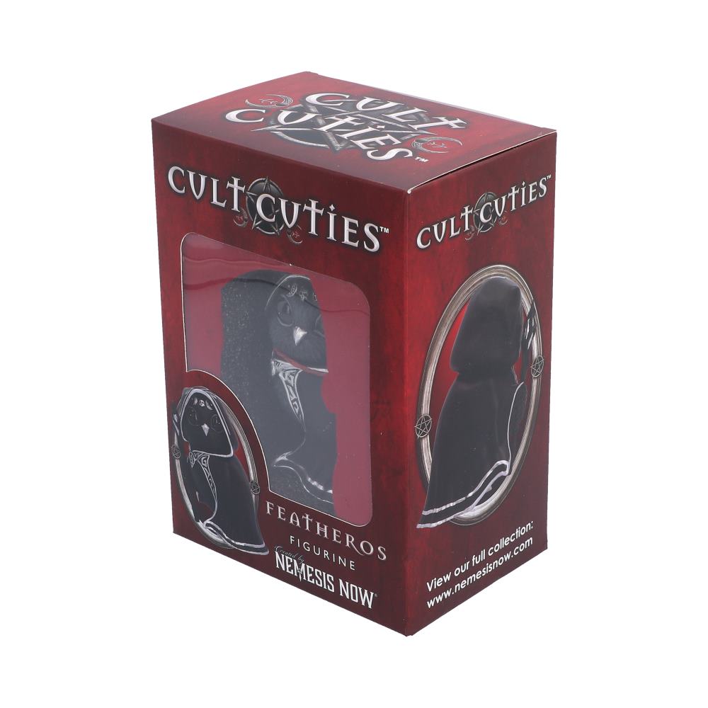 Featheros Cult Cuties black bird figurine wearing a silver-trimmed hooded cloak with a pentagram clasp and holding a magical staff.