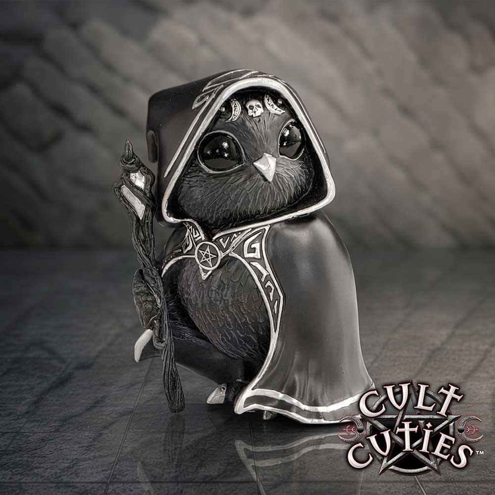 Featheros Cult Cuties black bird figurine wearing a silver-trimmed hooded cloak with a pentagram clasp and holding a magical staff.