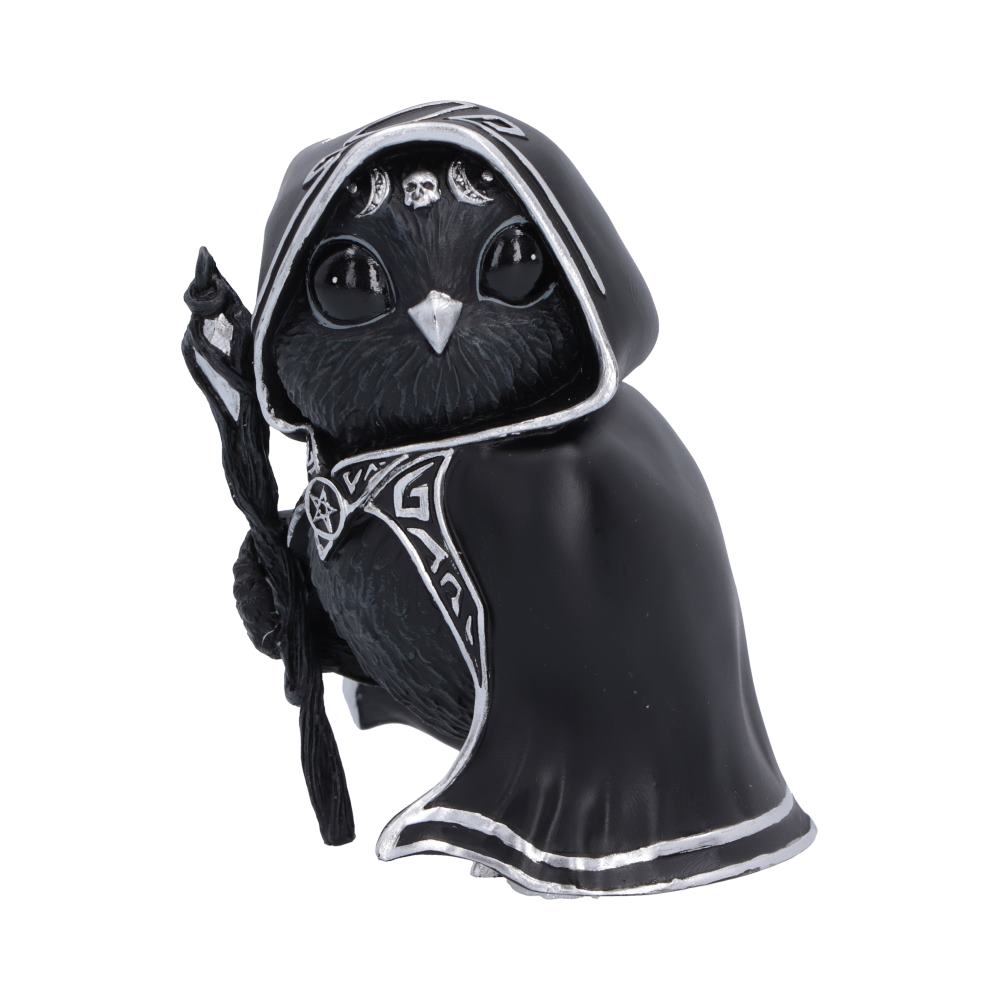 Featheros Cult Cuties black bird figurine wearing a silver-trimmed hooded cloak with a pentagram clasp and holding a magical staff.