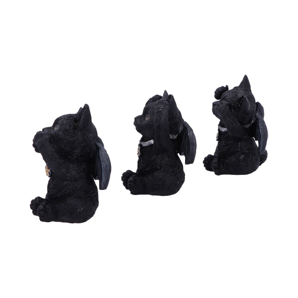 Side view of Three Wise Vampuss 9cm black vampire cat figurines with bat wings, covering their eyes, ears and mouth