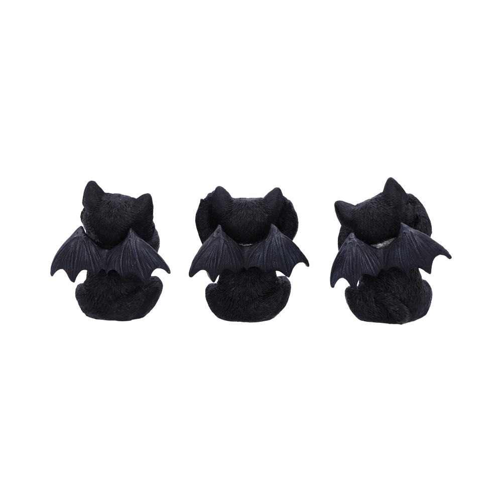 Side view of Three Wise Vampuss 9cm black vampire cat figurines with bat wings, covering their eyes, ears and mouth