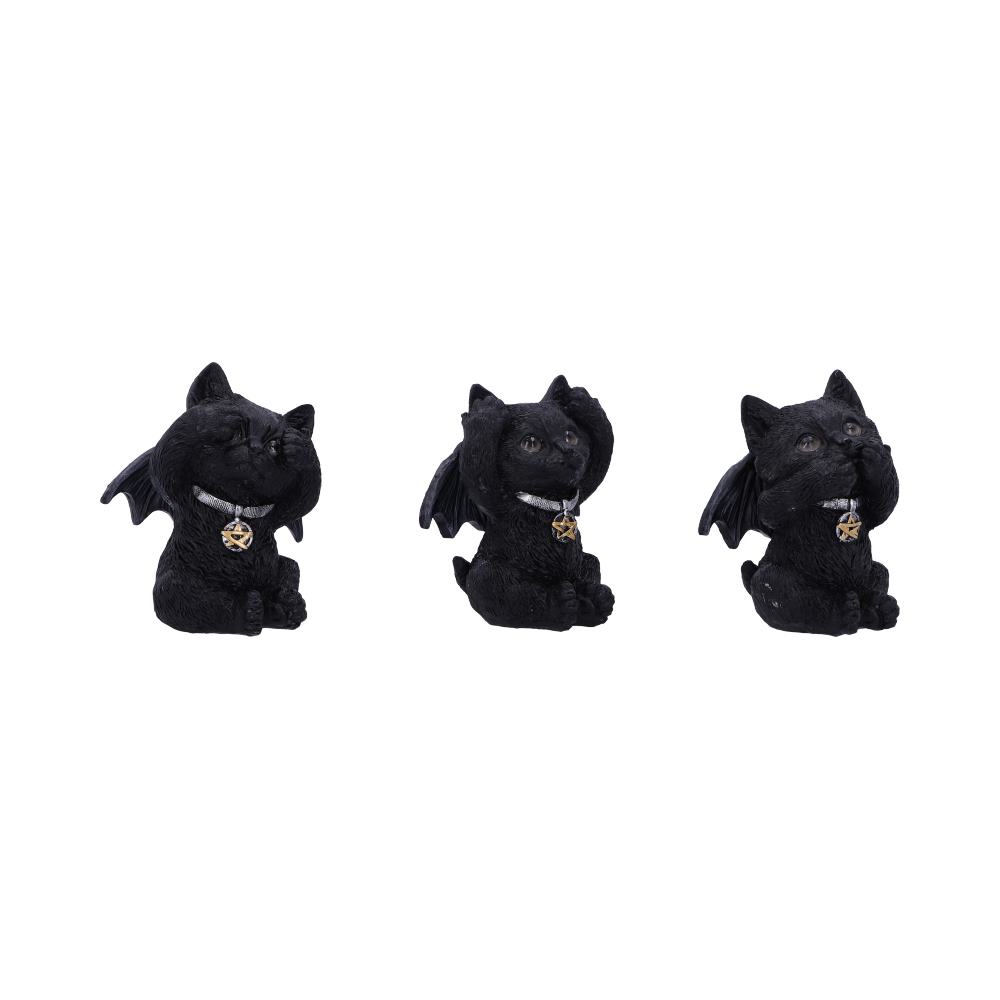 Side view of Three Wise Vampuss 9cm black vampire cat figurines with bat wings, covering their eyes, ears and mouth