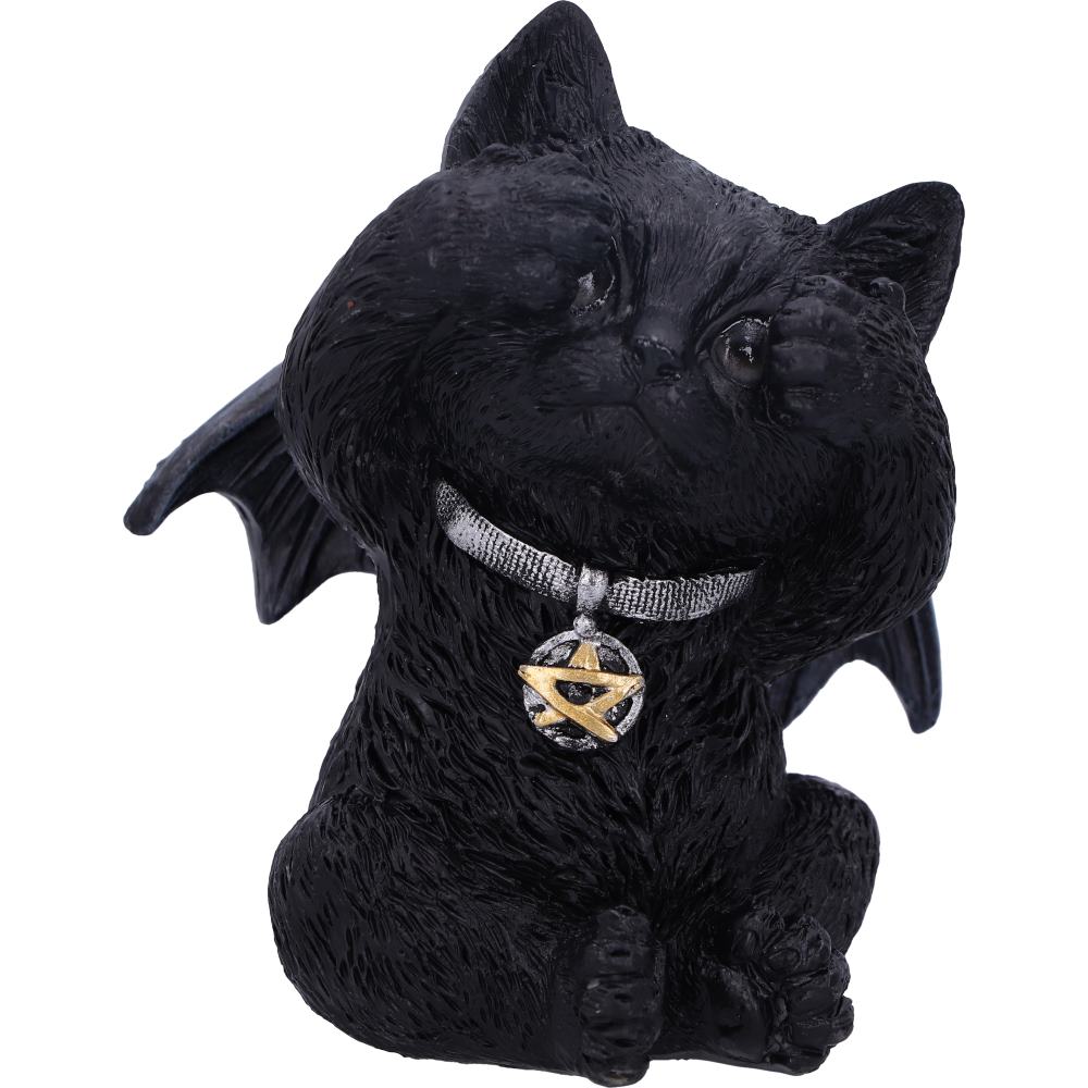Side view of Three Wise Vampuss 9cm black vampire cat figurines with bat wings, covering their eyes, ears and mouth