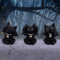 Side view of Three Wise Vampuss 9cm black vampire cat figurines with bat wings, covering their eyes, ears and mouth