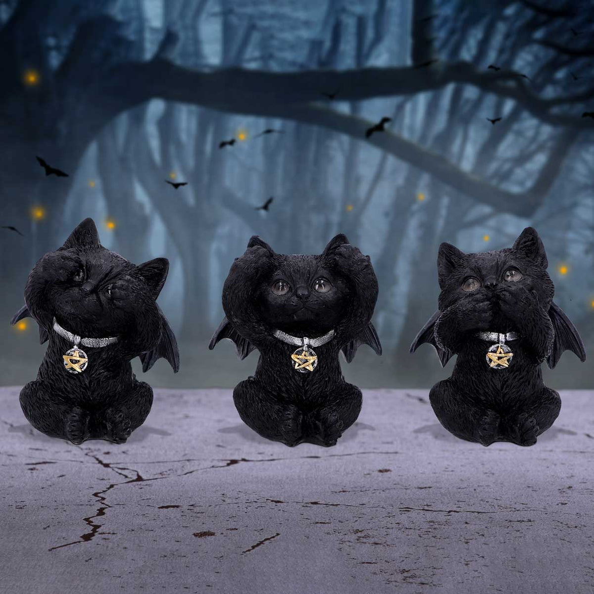 Side view of Three Wise Vampuss 9cm black vampire cat figurines with bat wings, covering their eyes, ears and mouth
