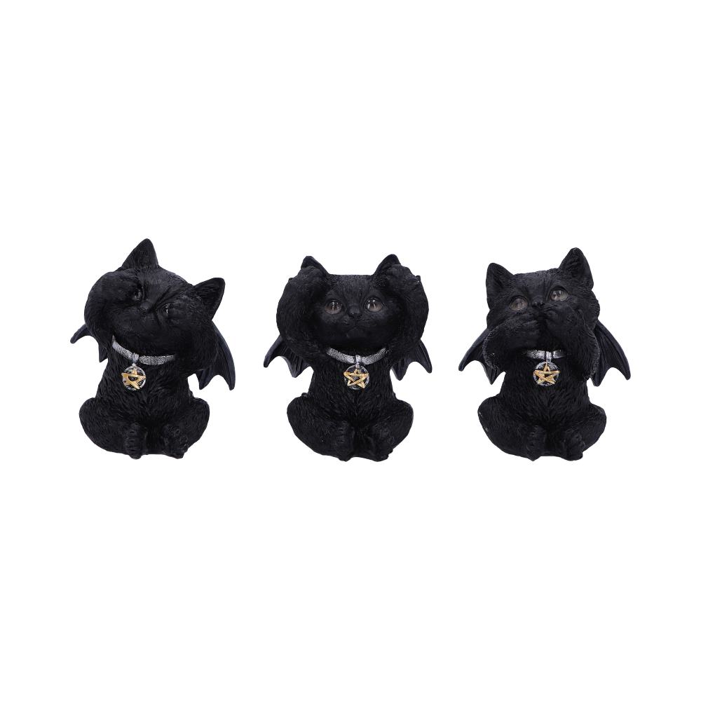 Side view of Three Wise Vampuss 9cm black vampire cat figurines with bat wings, covering their eyes, ears and mouth