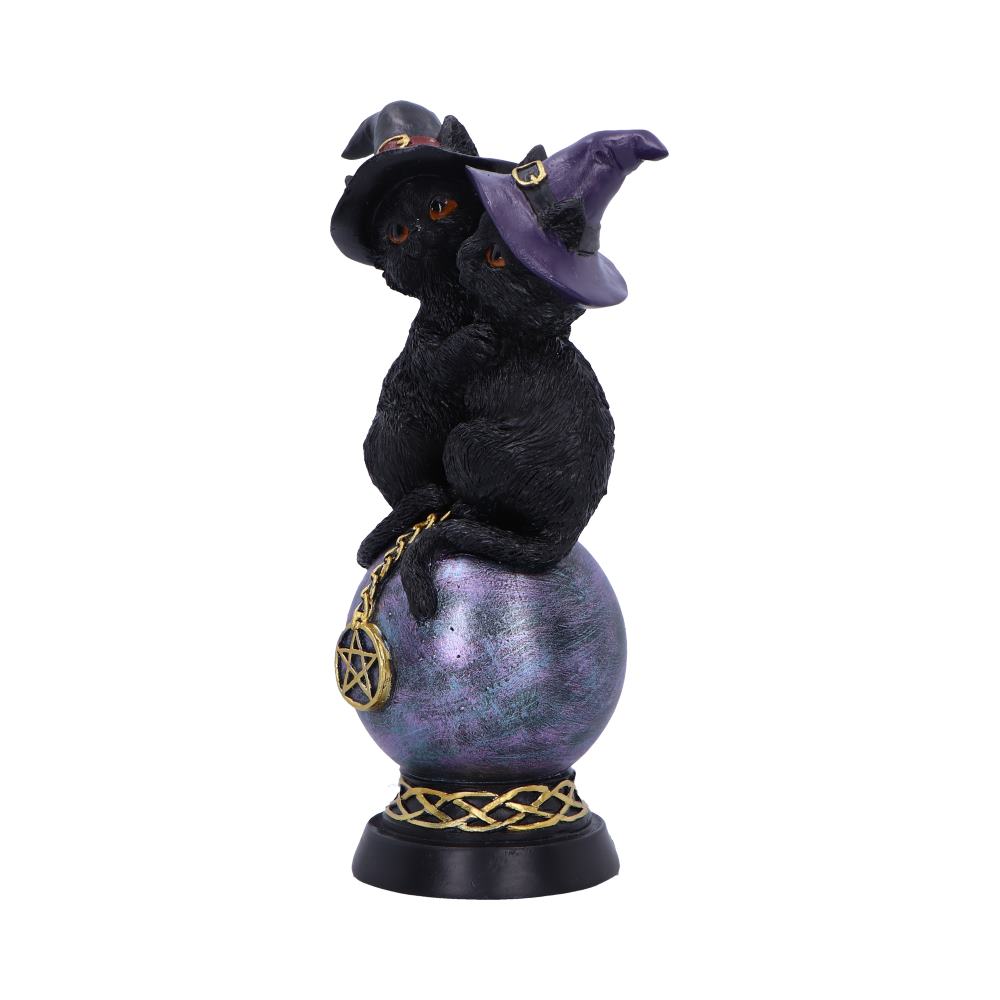Kittens Orbuculum figurine with two black kittens wearing witch hats, perched on a purple crystal ball with a gold pentagram charm.