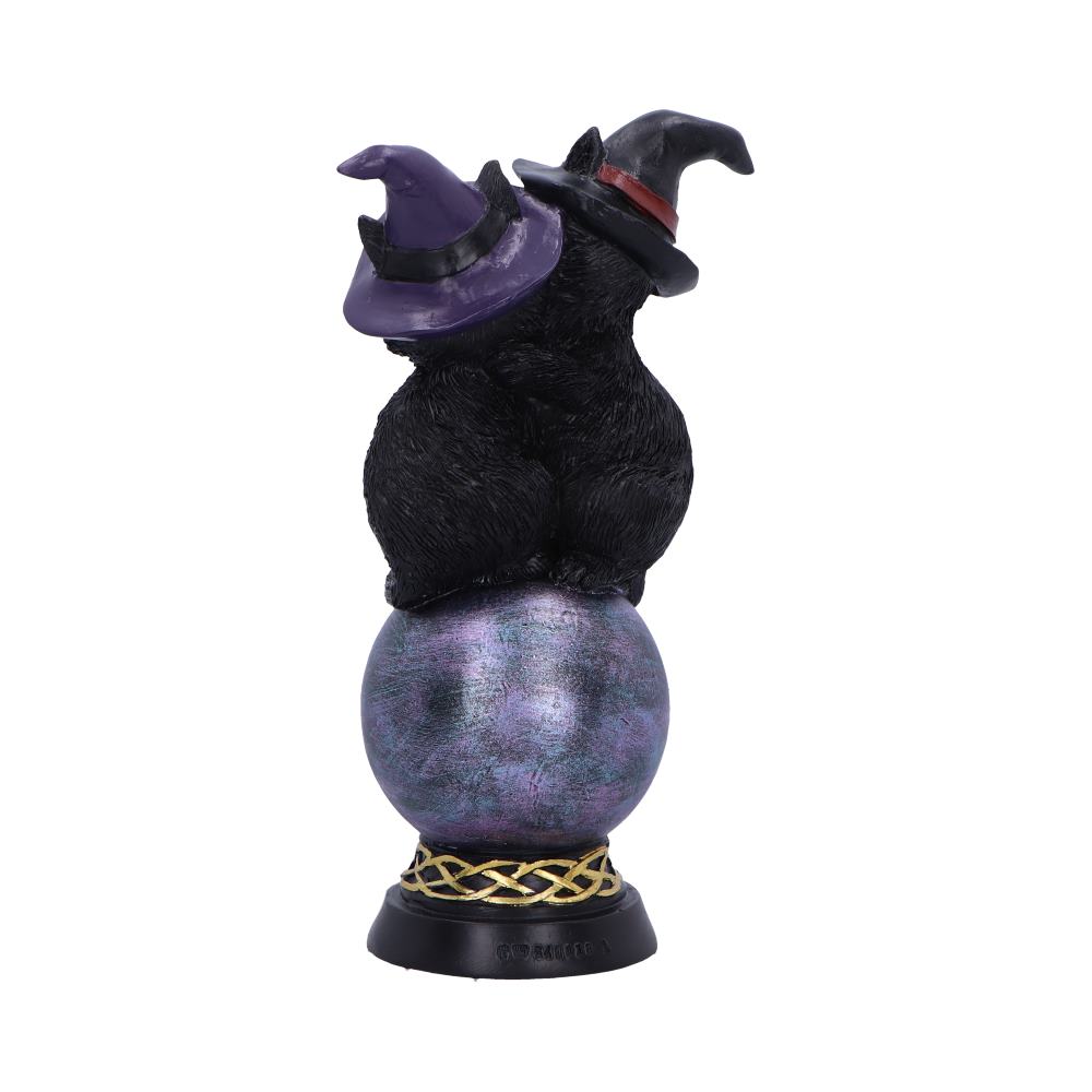 Kittens Orbuculum figurine with two black kittens wearing witch hats, perched on a purple crystal ball with a gold pentagram charm.