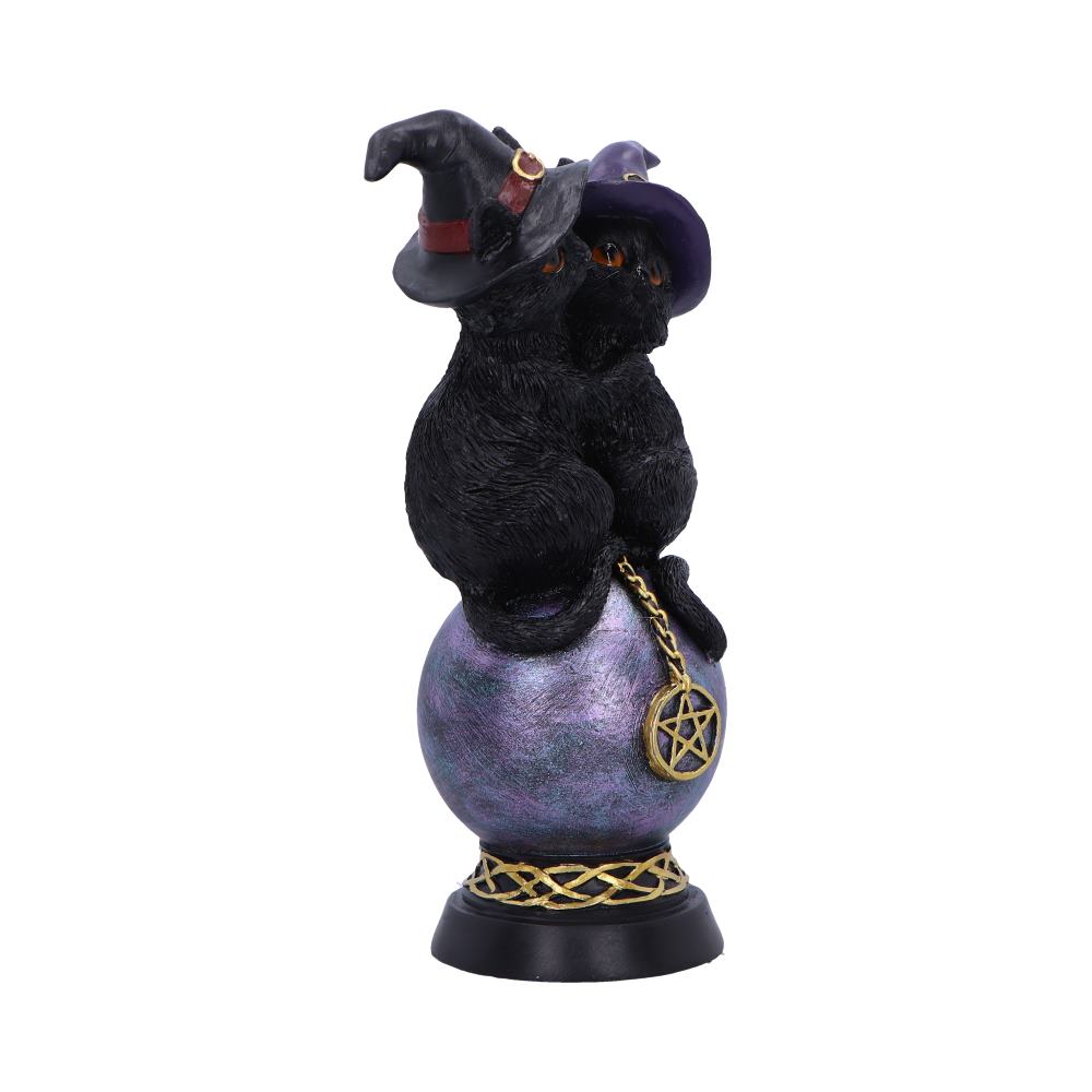 Kittens Orbuculum figurine with two black kittens wearing witch hats, perched on a purple crystal ball with a gold pentagram charm.