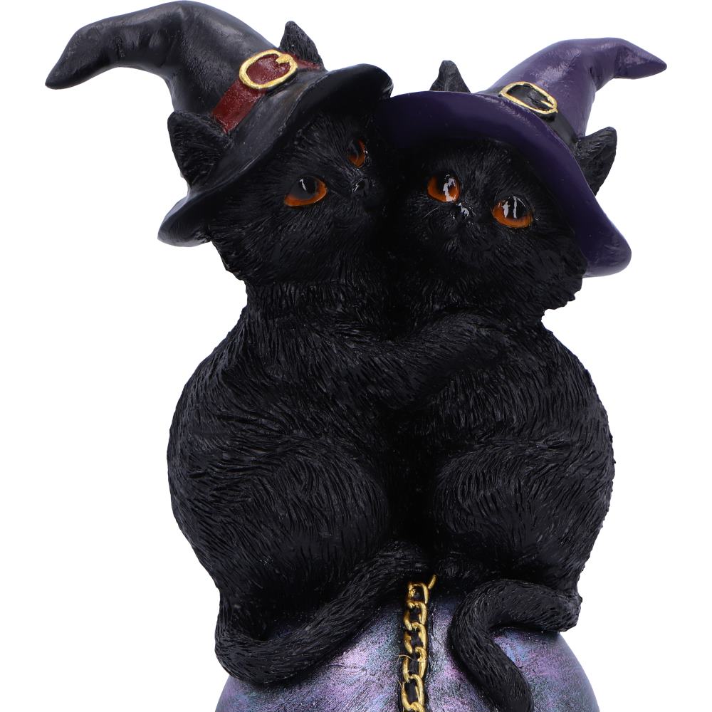 Kittens Orbuculum figurine with two black kittens wearing witch hats, perched on a purple crystal ball with a gold pentagram charm.