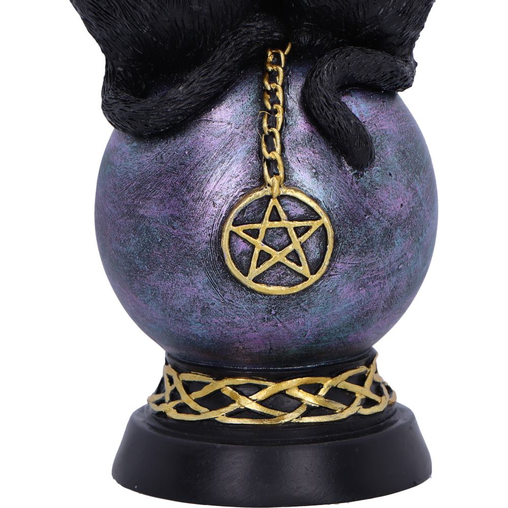 Kittens Orbuculum figurine with two black kittens wearing witch hats, perched on a purple crystal ball with a gold pentagram charm.