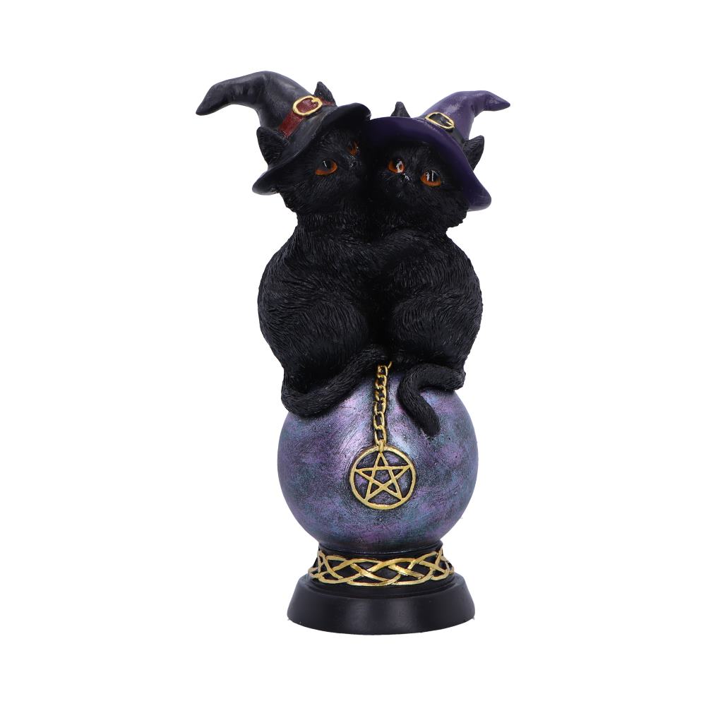 Kittens Orbuculum figurine with two black kittens wearing witch hats, perched on a purple crystal ball with a gold pentagram charm.