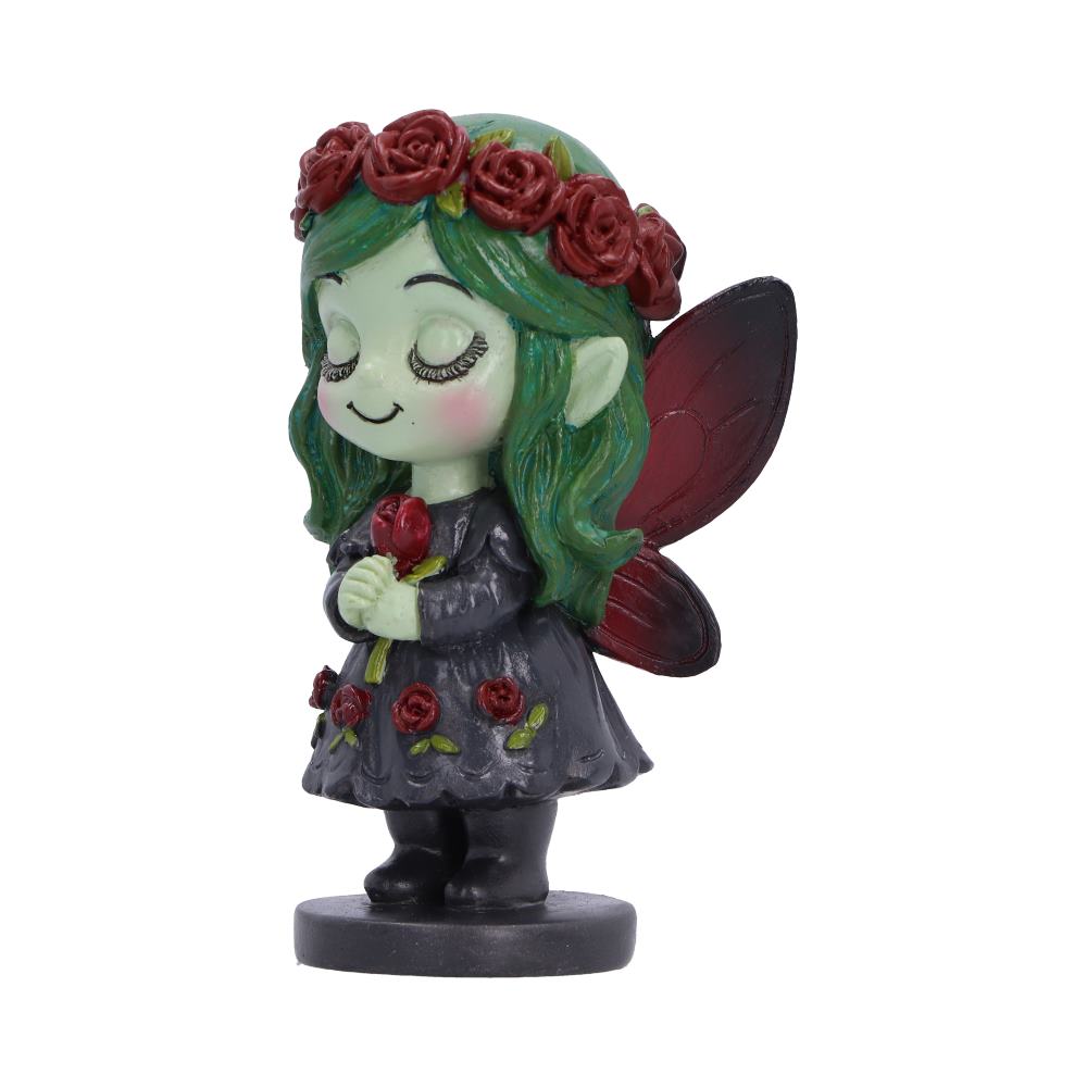 Spirit Fairy Elaria figurine with green hair, a red rose crown, closed eyes and dark wings, holding a red rose