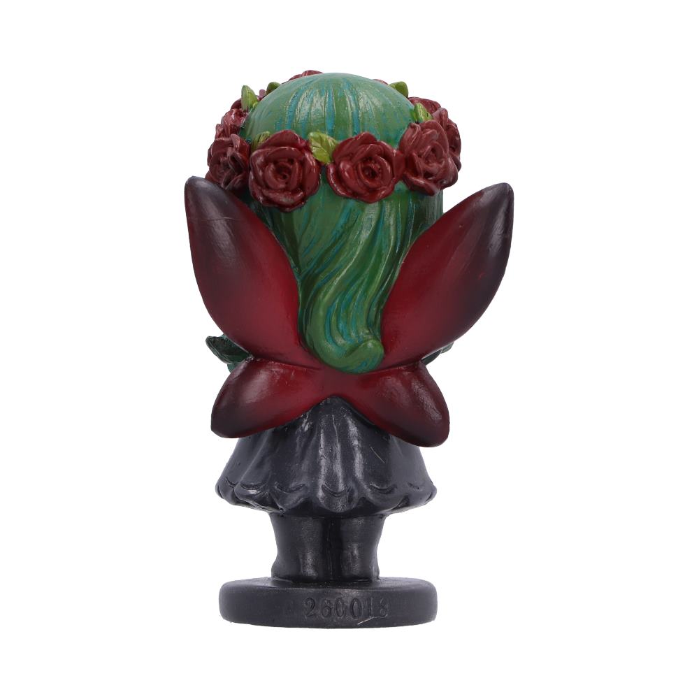 Spirit Fairy Elaria figurine with green hair, a red rose crown, closed eyes and dark wings, holding a red rose