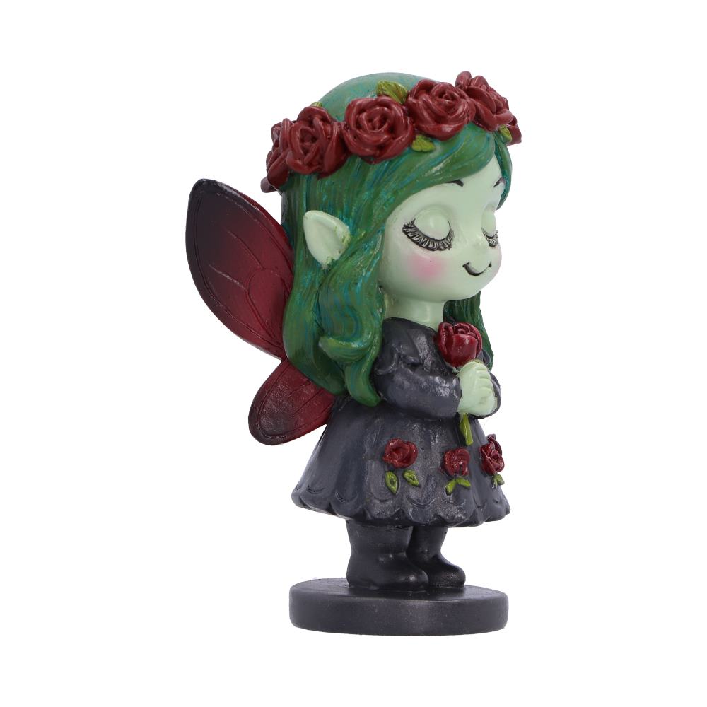 Spirit Fairy Elaria figurine with green hair, a red rose crown, closed eyes and dark wings, holding a red rose