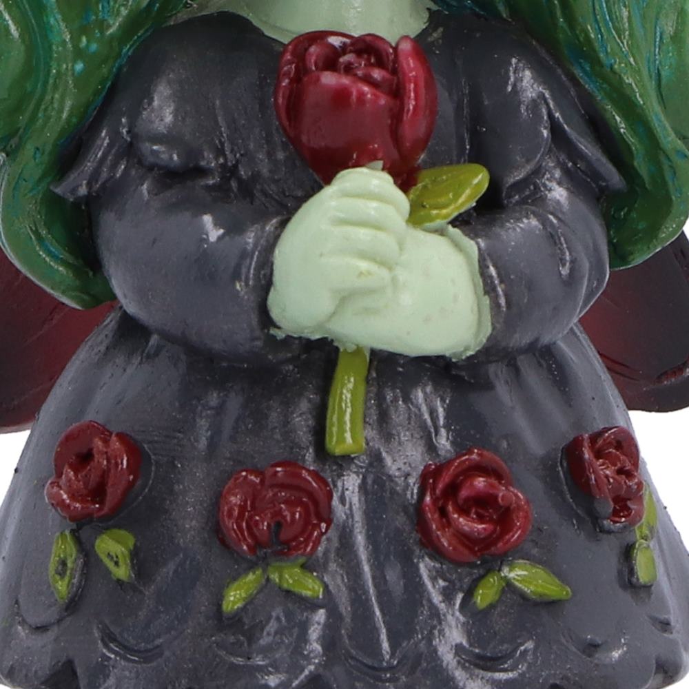 Spirit Fairy Elaria figurine with green hair, a red rose crown, closed eyes and dark wings, holding a red rose