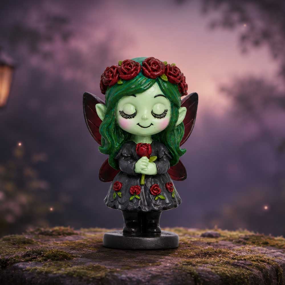 Spirit Fairy Elaria figurine with green hair, a red rose crown, closed eyes and dark wings, holding a red rose