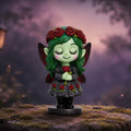 Spirit Fairy Elaria figurine with green hair, a red rose crown, closed eyes and dark wings, holding a red rose