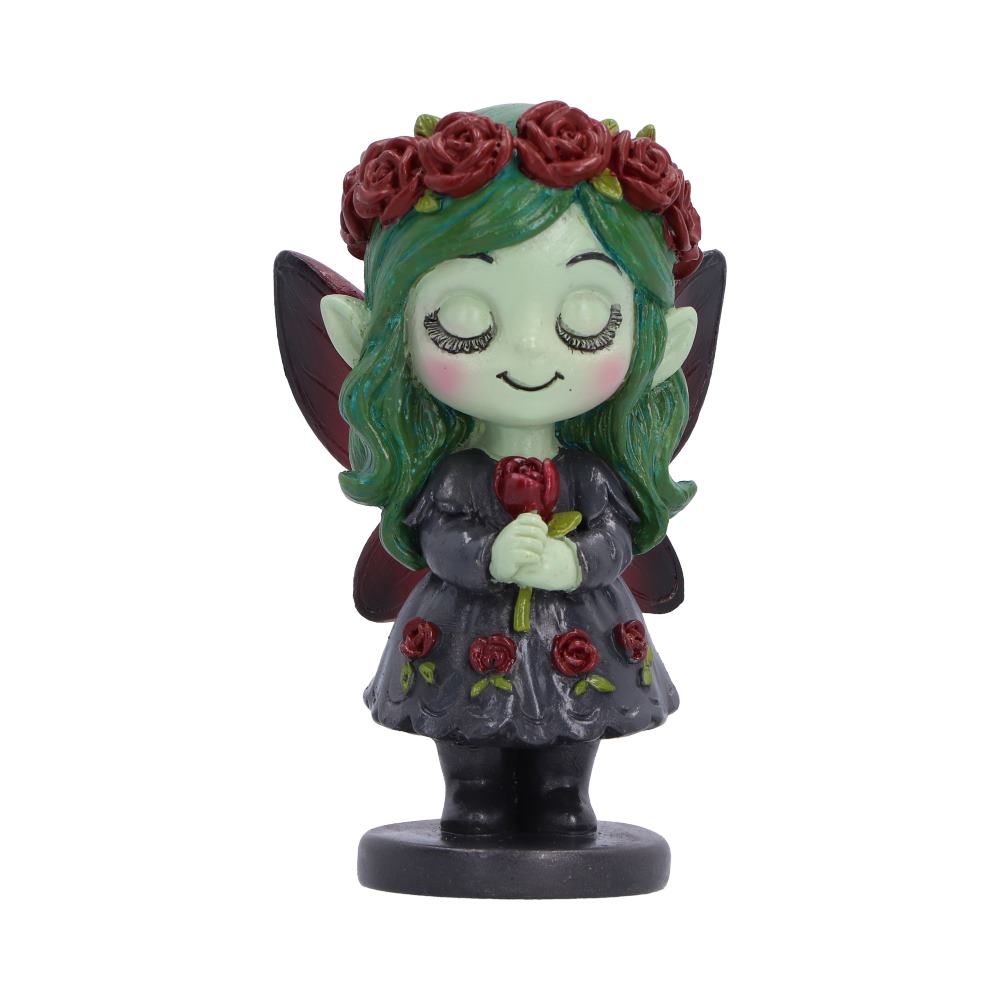 Spirit Fairy Elaria figurine with green hair, a red rose crown, closed eyes and dark wings, holding a red rose