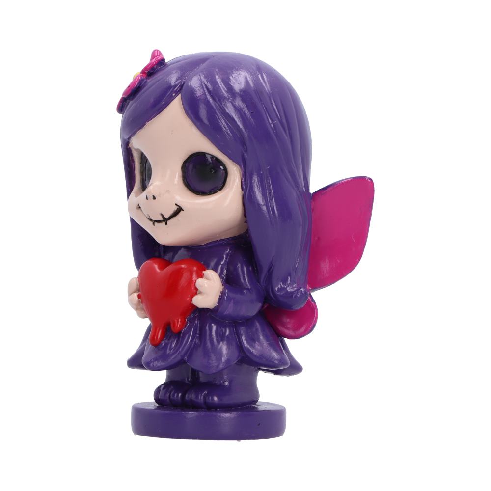 Spirit Fairy Mirella figurine with purple hair and dress, pink wings and large dark eyes, holding a melting red heart