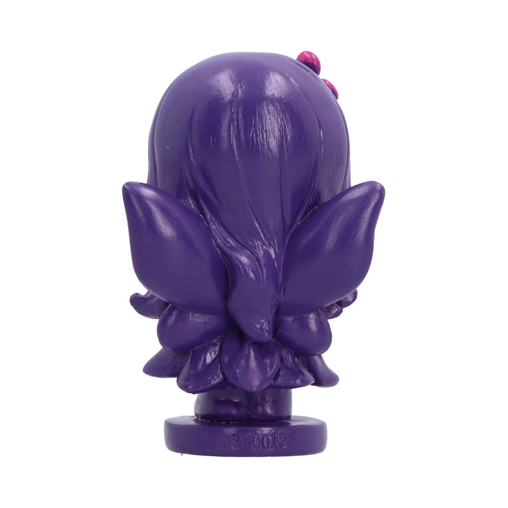 Spirit Fairy Mirella figurine with purple hair and dress, pink wings and large dark eyes, holding a melting red heart