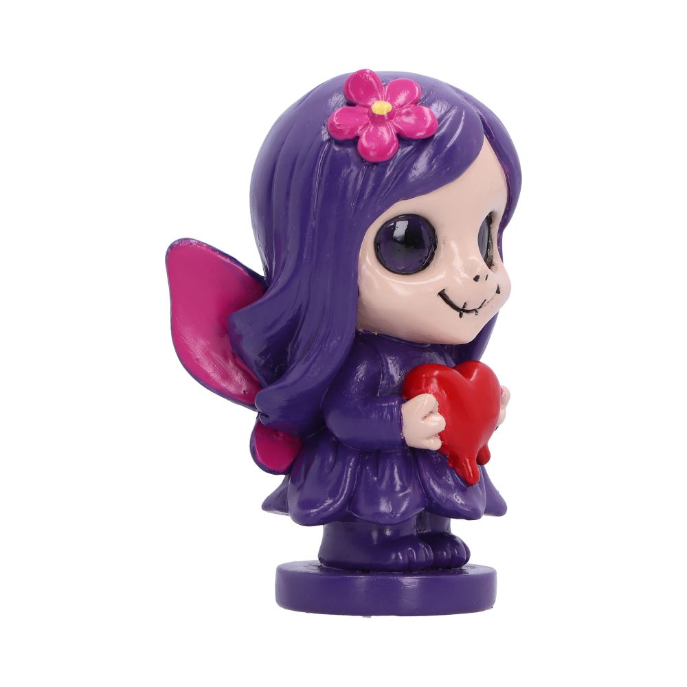 Spirit Fairy Mirella figurine with purple hair and dress, pink wings and large dark eyes, holding a melting red heart