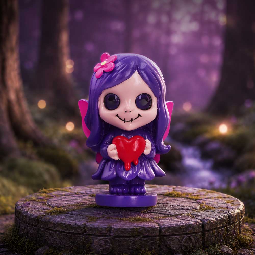 Spirit Fairy Mirella figurine with purple hair and dress, pink wings and large dark eyes, holding a melting red heart