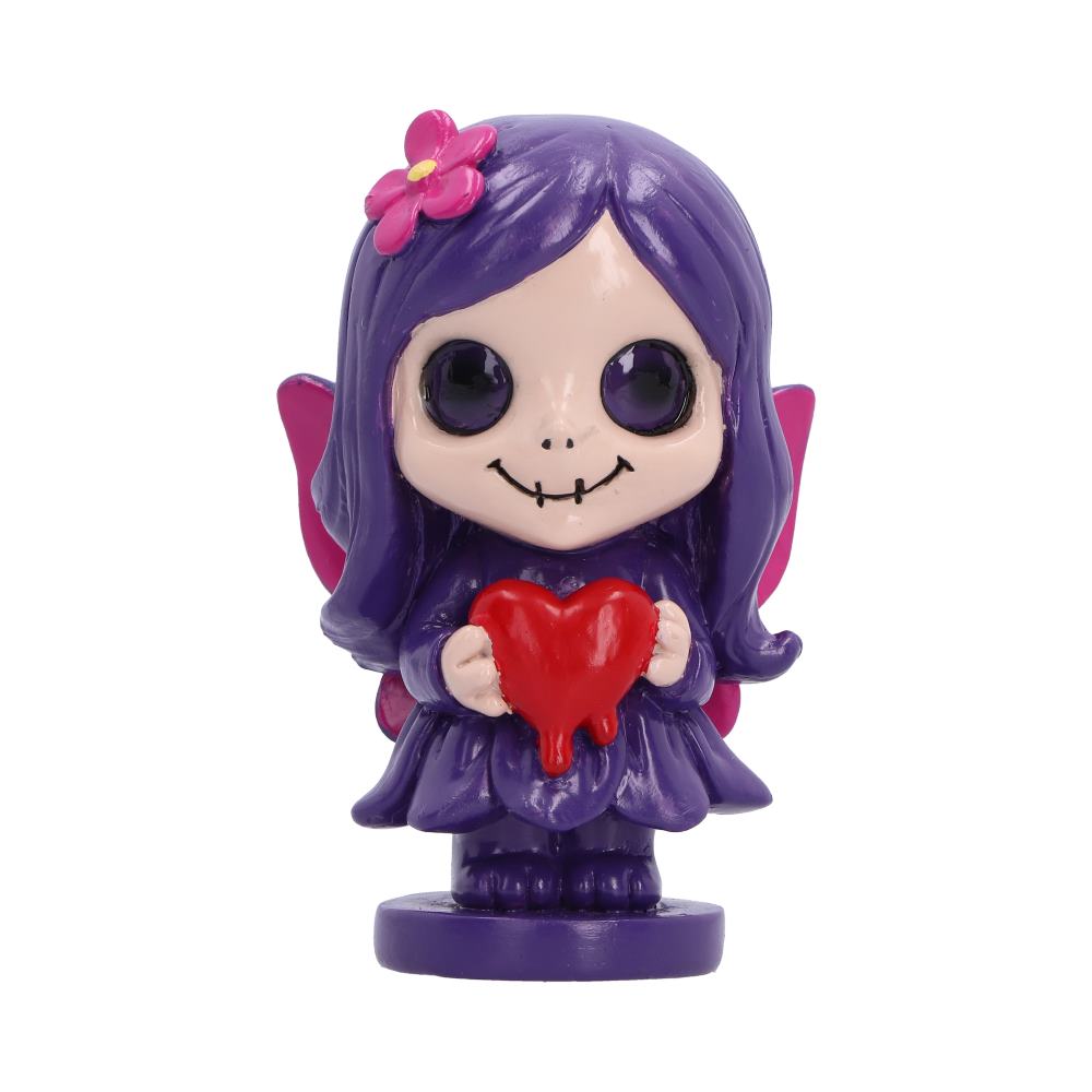 Spirit Fairy Mirella figurine with purple hair and dress, pink wings and large dark eyes, holding a melting red heart
