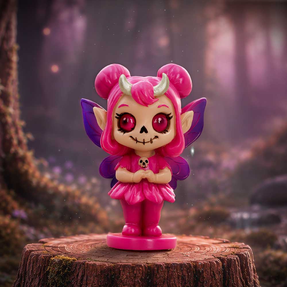 Spirit Fairy Beatrix figurine with pink hair, purple wings, small horns and a skull-style face.