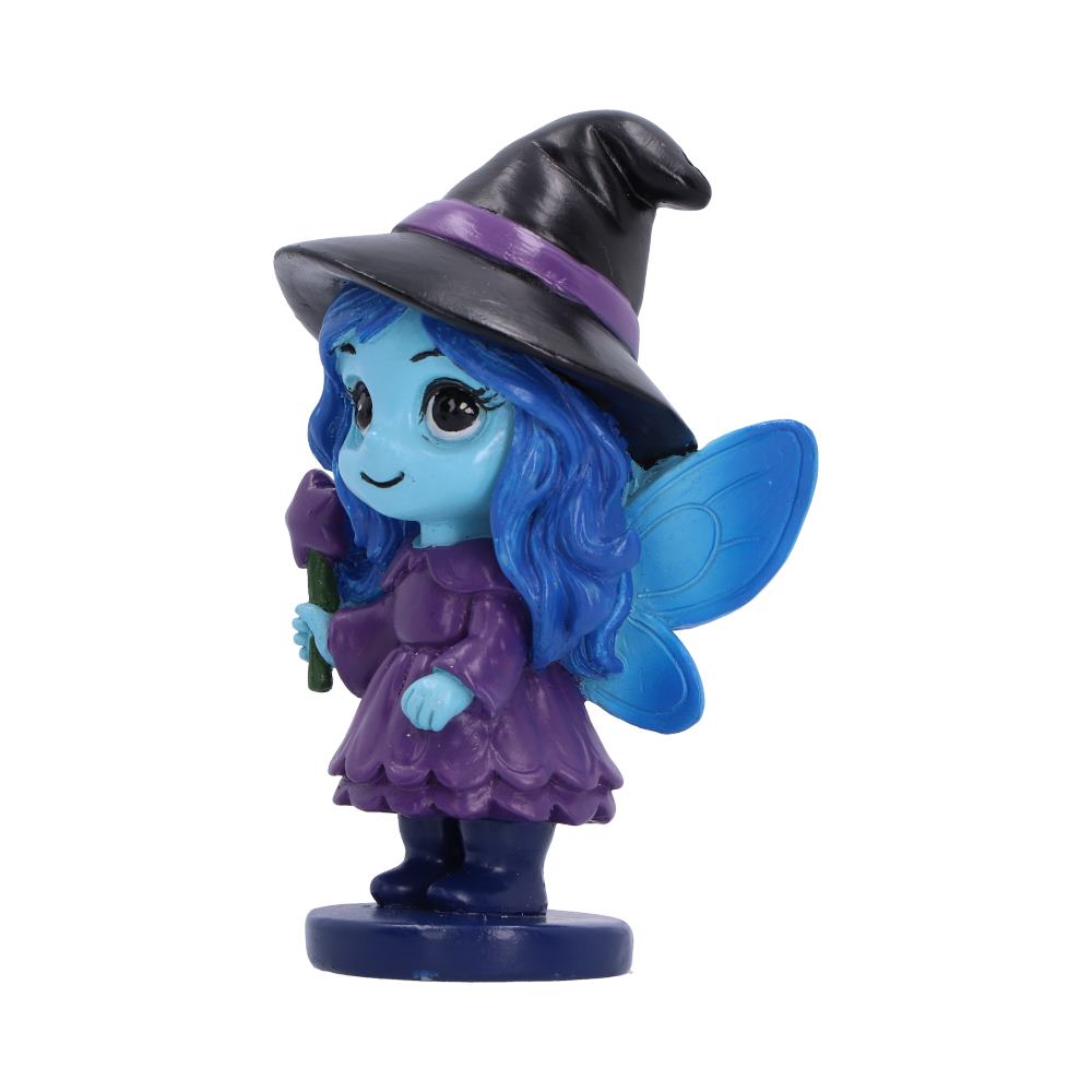 Spirit Fairy Hex figurine with blue hair, skin and wings, wearing a purple dress and black witch hat, holding a star-shaped wand