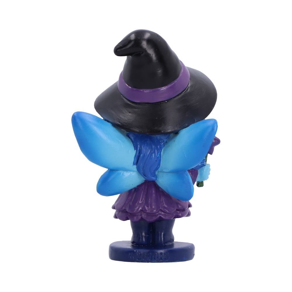 Spirit Fairy Hex figurine with blue hair, skin and wings, wearing a purple dress and black witch hat, holding a star-shaped wand