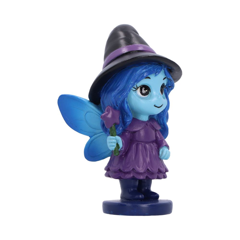 Spirit Fairy Hex figurine with blue hair, skin and wings, wearing a purple dress and black witch hat, holding a star-shaped wand