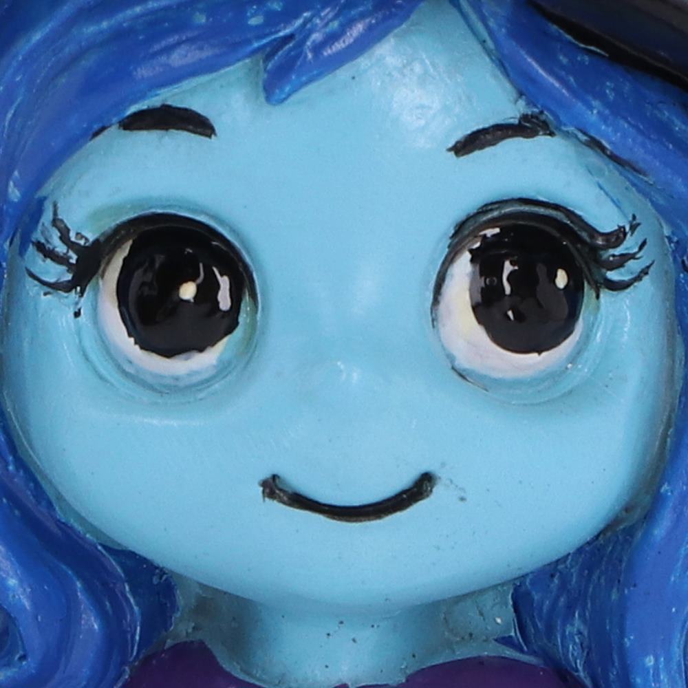 Spirit Fairy Hex figurine with blue hair, skin and wings, wearing a purple dress and black witch hat, holding a star-shaped wand
