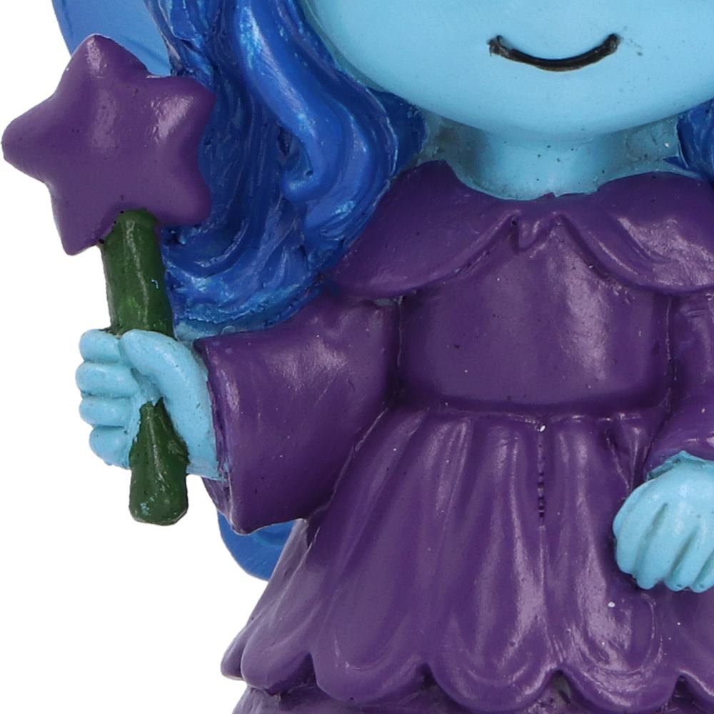 Spirit Fairy Hex figurine with blue hair, skin and wings, wearing a purple dress and black witch hat, holding a star-shaped wand