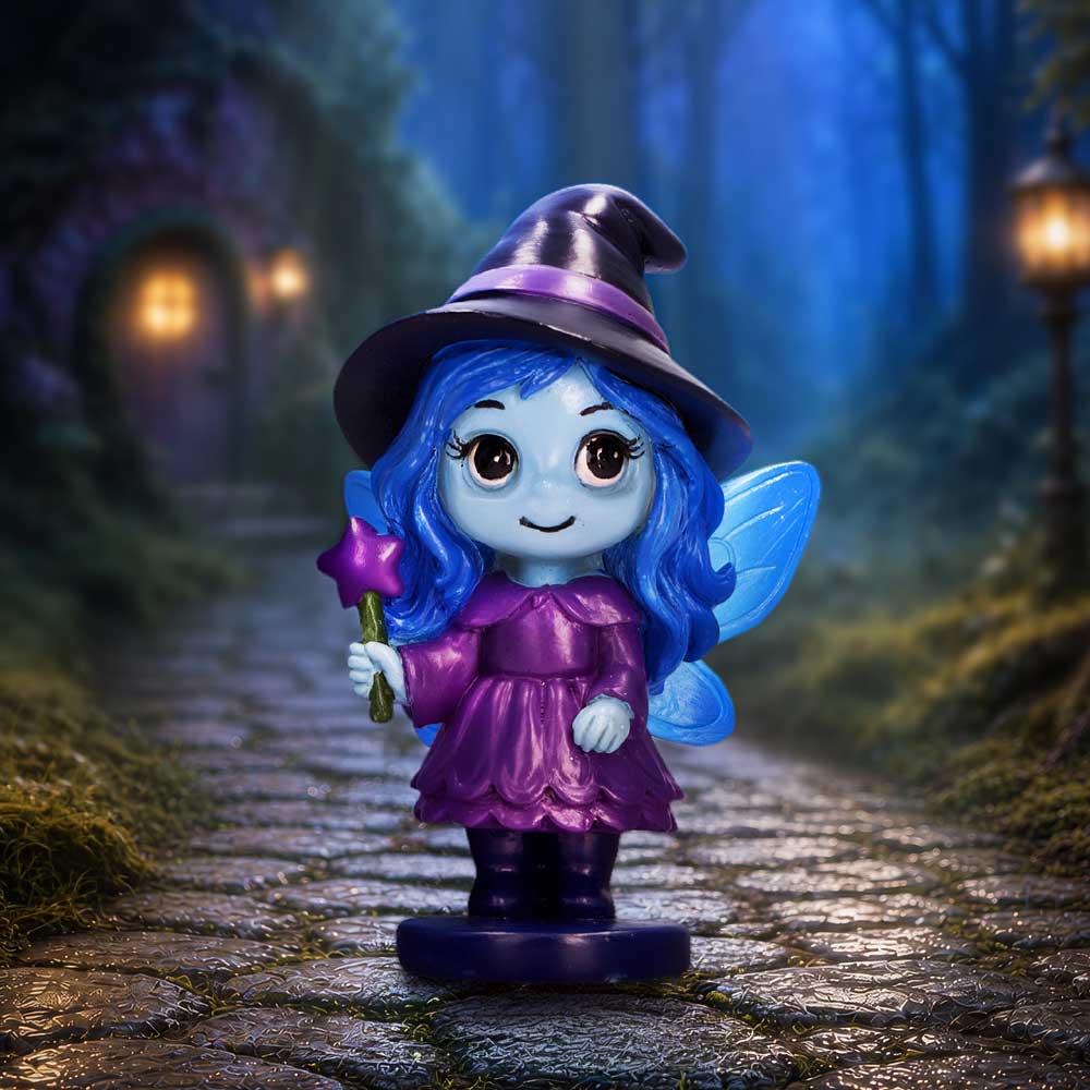 Spirit Fairy Hex figurine with blue hair, skin and wings, wearing a purple dress and black witch hat, holding a star-shaped wand