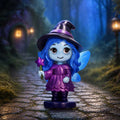Spirit Fairy Hex figurine with blue hair, skin and wings, wearing a purple dress and black witch hat, holding a star-shaped wand