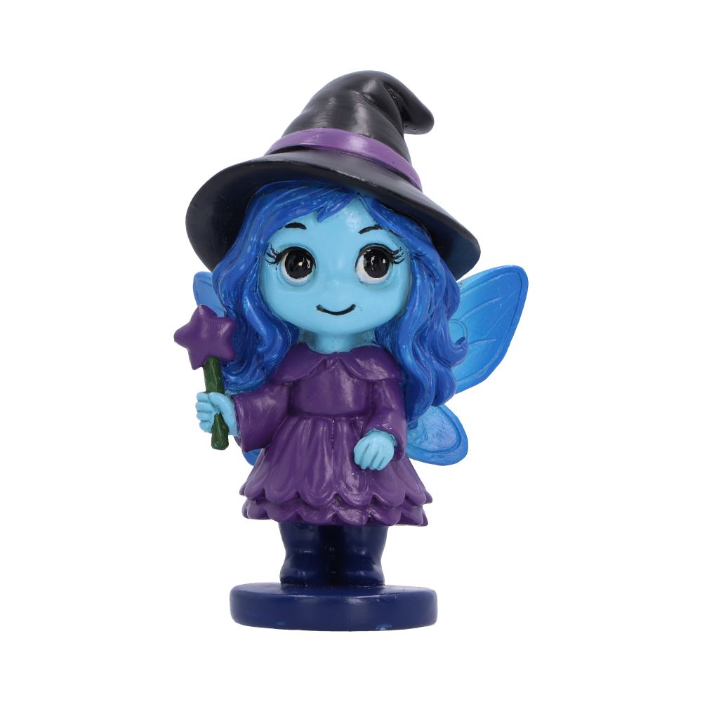 Spirit Fairy Hex figurine with blue hair, skin and wings, wearing a purple dress and black witch hat, holding a star-shaped wand
