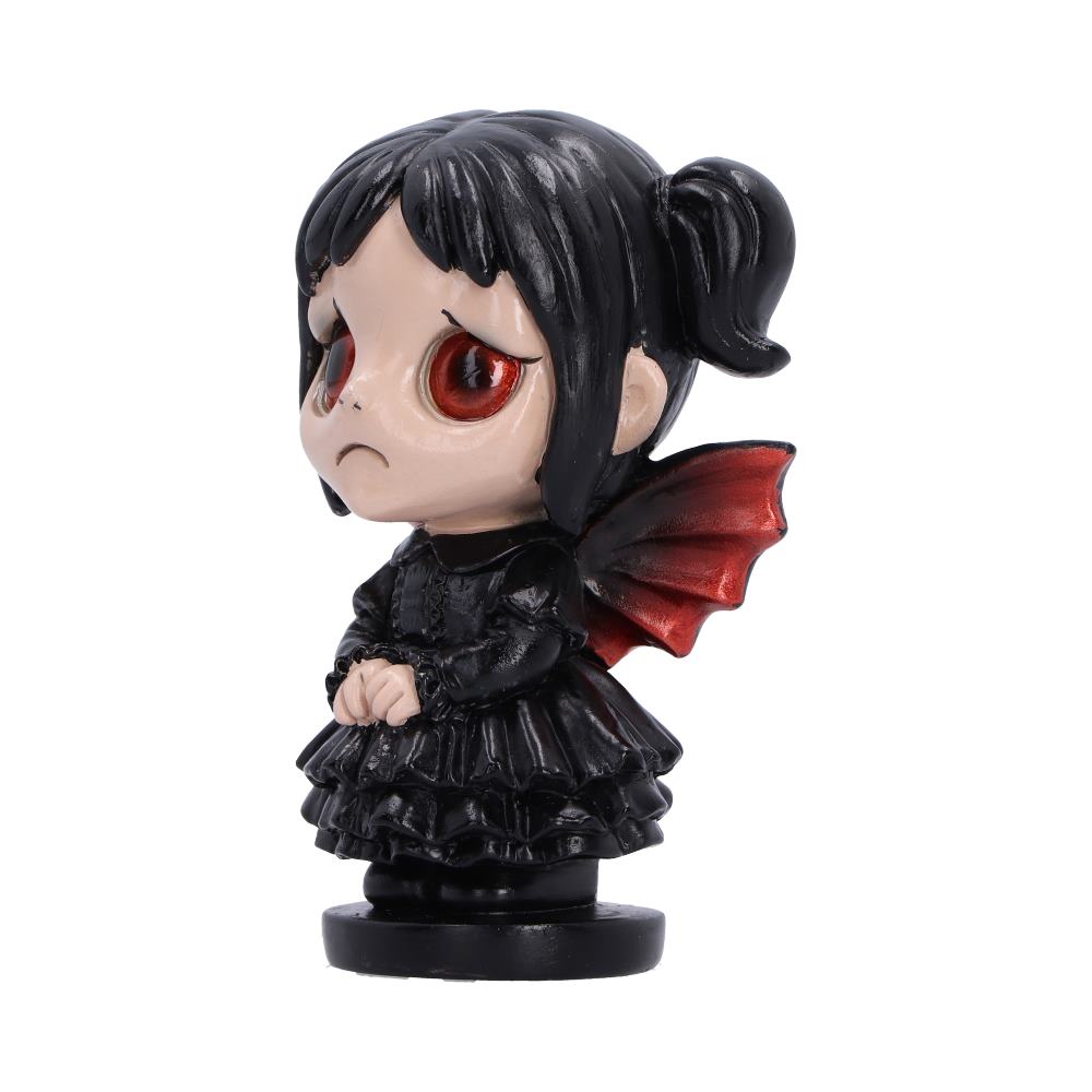 Spirit Fairy Mortina figurine with black hair, red eyes and red-accented wings, wearing a black ruffled dress with clasped hands and a frown.
