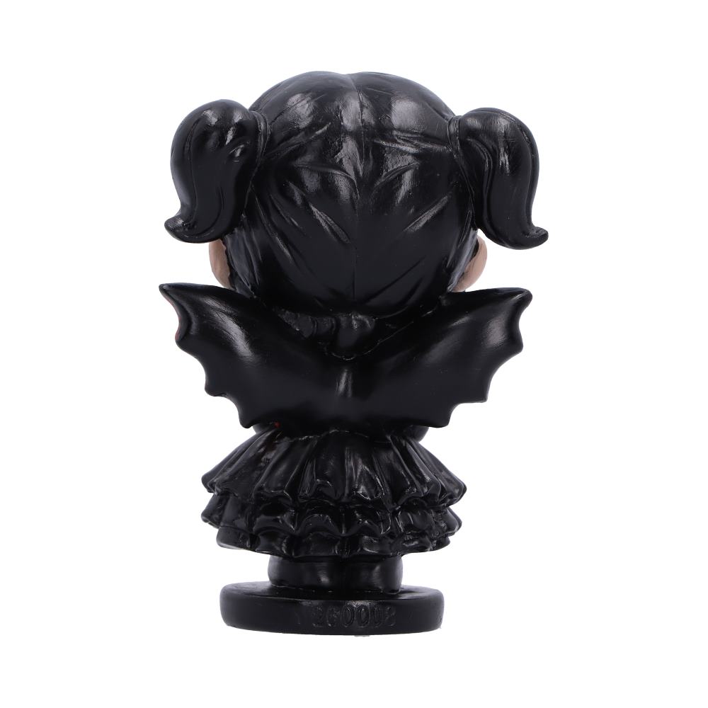 Spirit Fairy Mortina figurine with black hair, red eyes and red-accented wings, wearing a black ruffled dress with clasped hands and a frown.