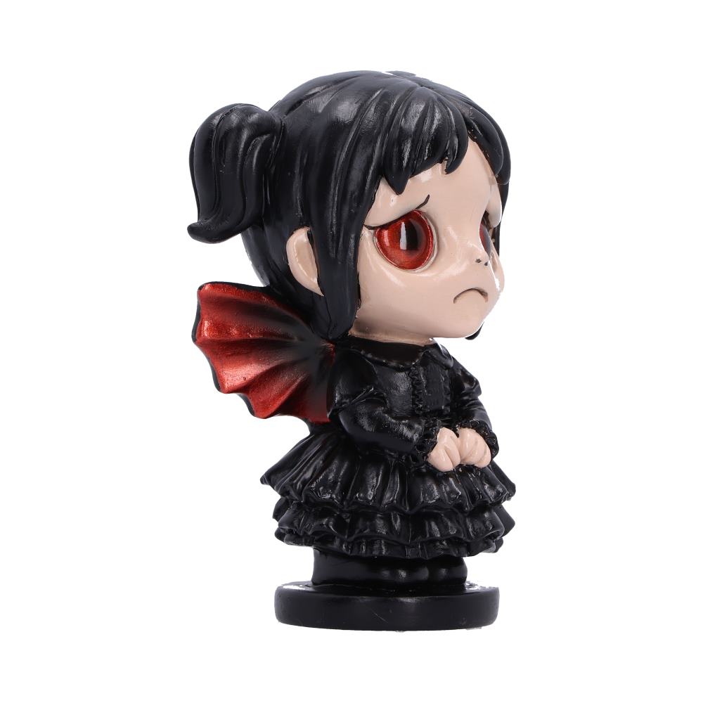 Spirit Fairy Mortina figurine with black hair, red eyes and red-accented wings, wearing a black ruffled dress with clasped hands and a frown.
